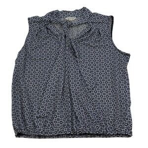 Max Studio Blue Floral Tie Neck Sleeveless Bubble Hem Blouse Women's Small
